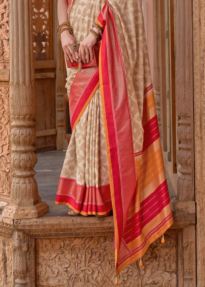 Royal Beige And Orange Designer Patola Saree