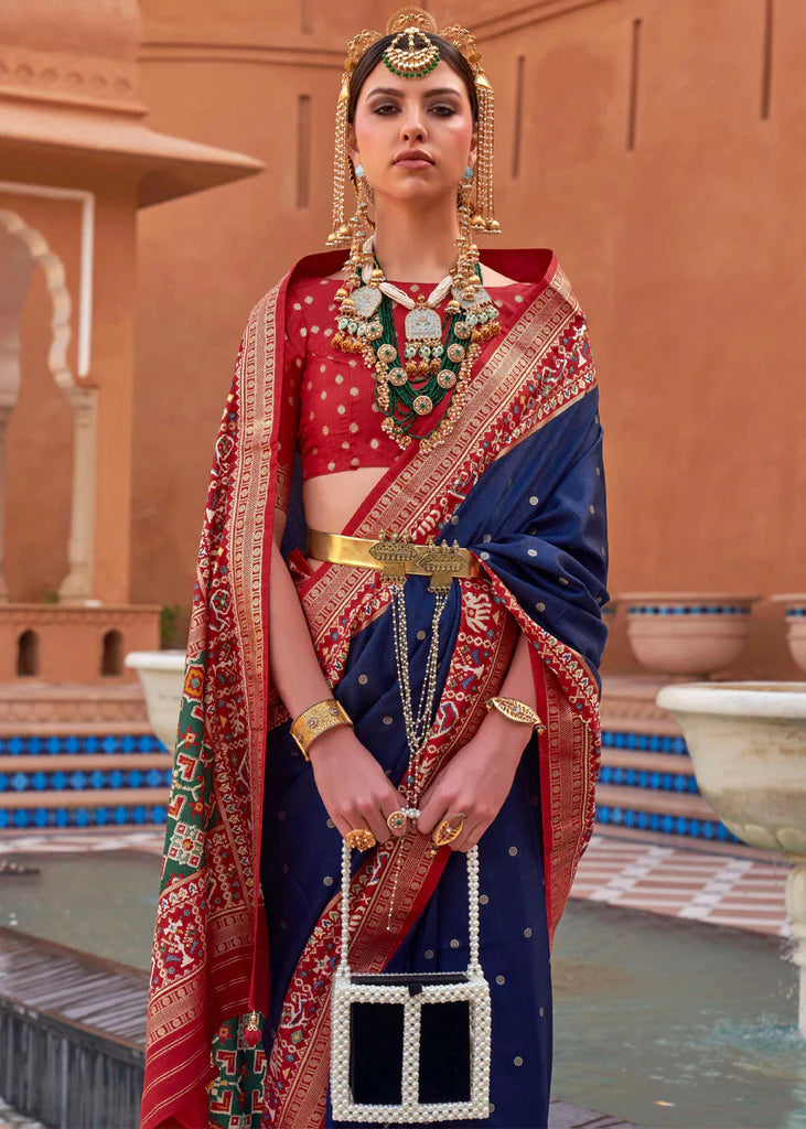 Navy Blue And Red Designer Patola Saree