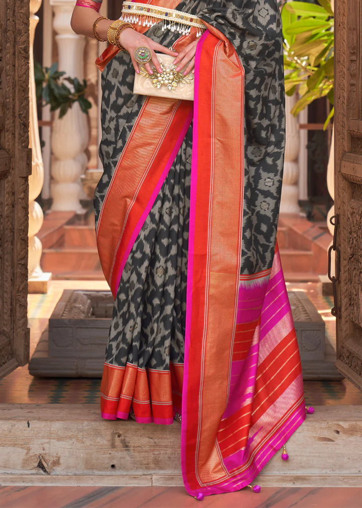 Black Grey And Pink Designer Patola Saree