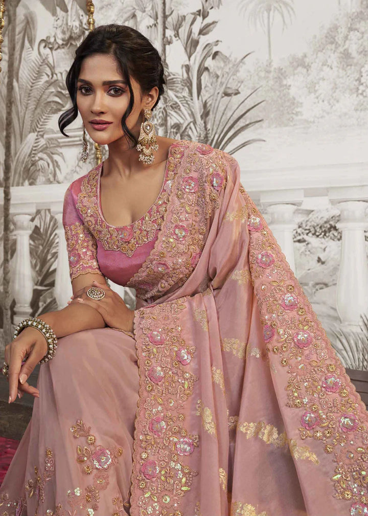 Light Pink Heavy Embroidery Designer Saree