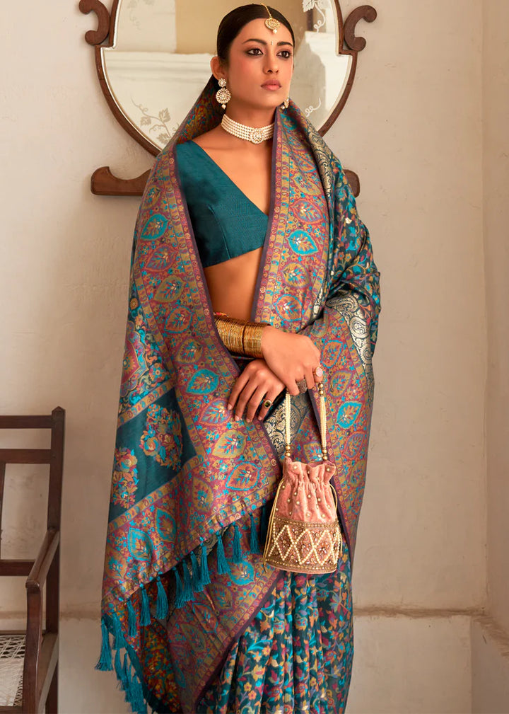 Teal Blue Woven Designer Kashmiri Saree And Blouse