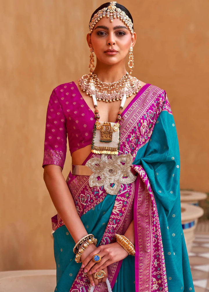 Sky Blue And Pink Designer Patola Saree