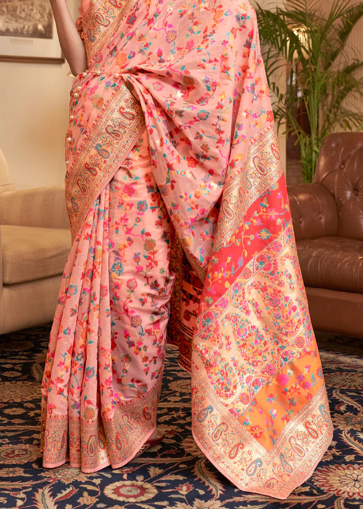 Multi Color Floral Peach Woven Kashmiri Saree