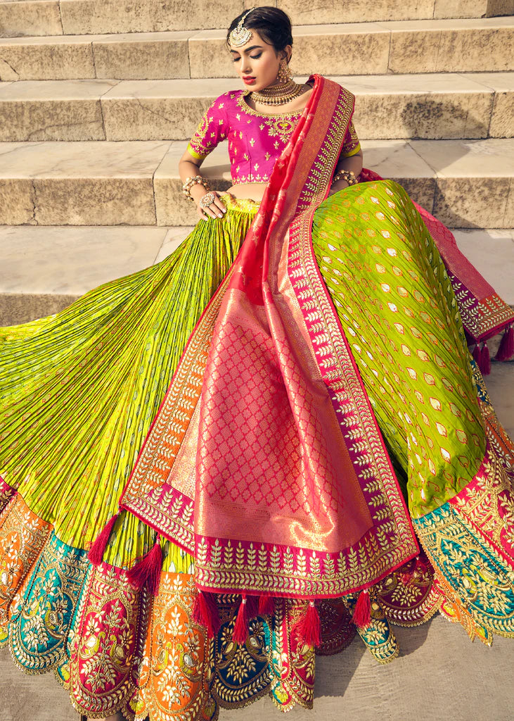 Bottle green purple and pink combination lehenga choli | Half saree lehenga,  Indian bridal fashion, Lehenga designs
