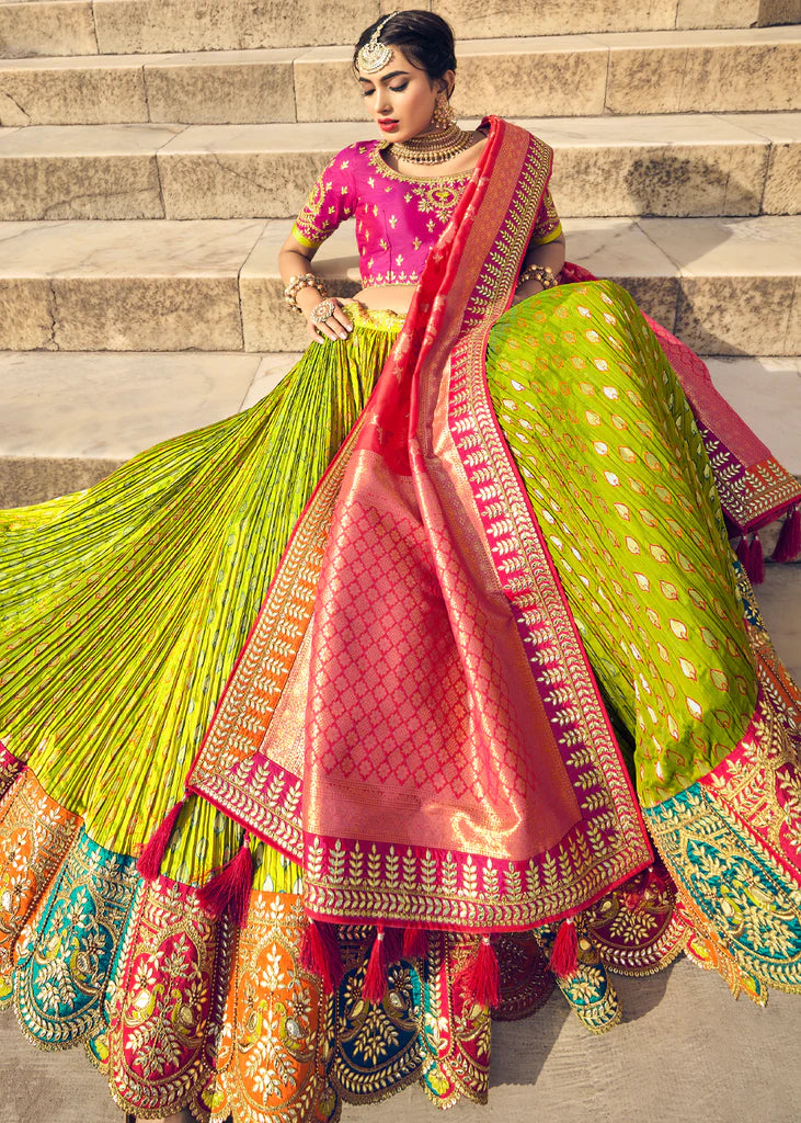 Gorgeous Parrot Green And Pink Banarasi Designer Embroidery Lehengas Rushini Gorgeous Parrot Green And Pink Banarasi Designer Embroidery Lehengas Rushini