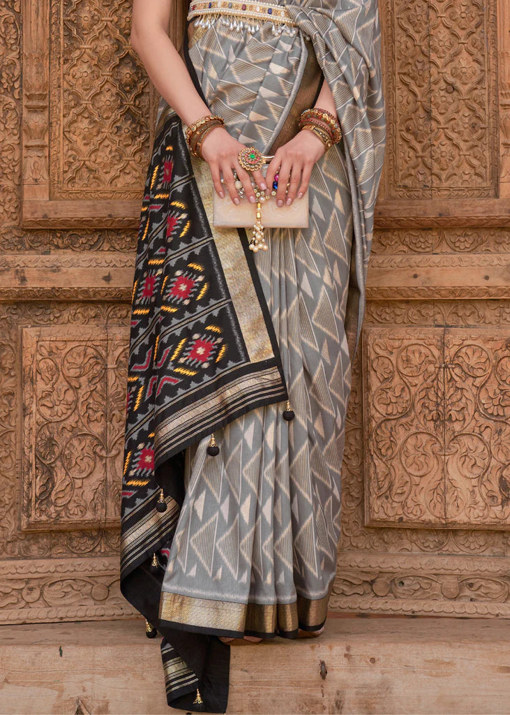 Royal Black Grey Designer Patola Saree