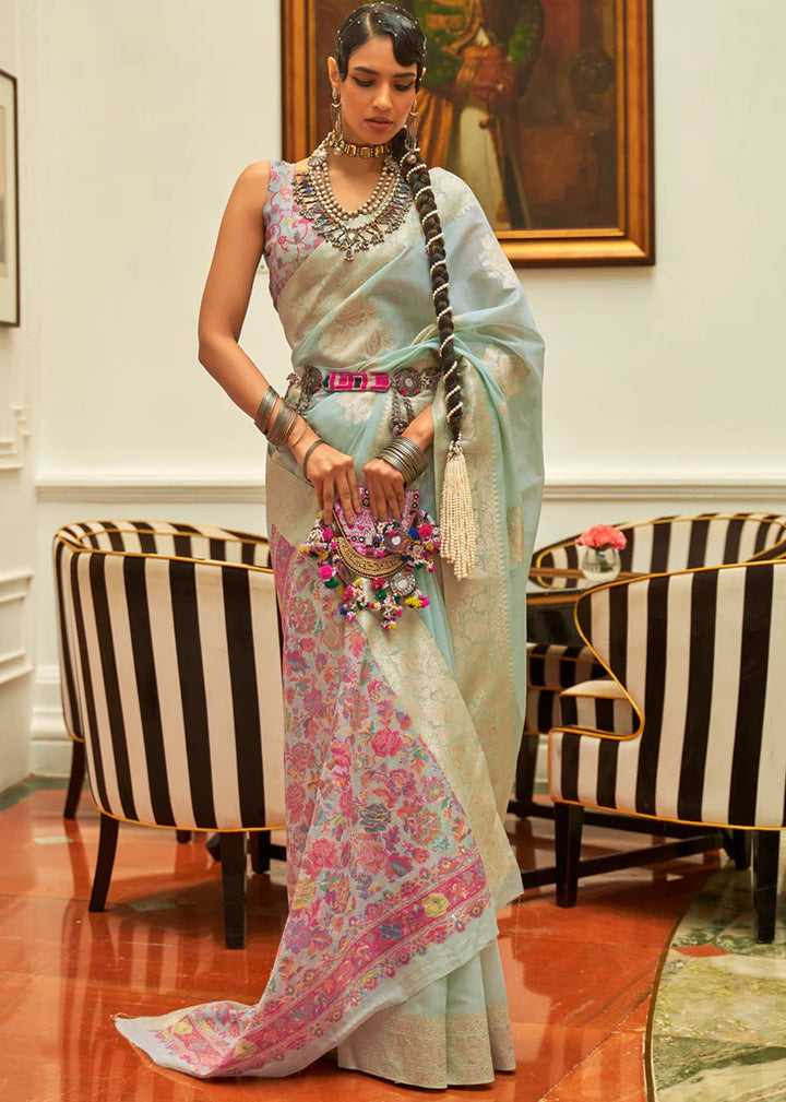 Plum Blue Woven Kashmiri Saree And Blouse