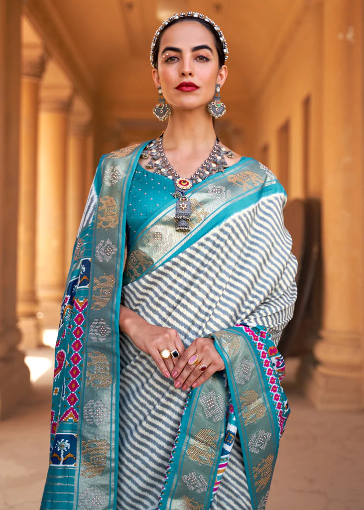 Light Blue Designer Silk Patola Saree With Blouse