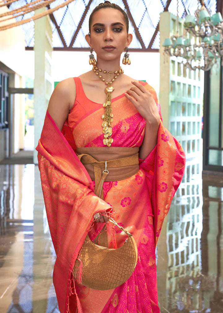 Hot Pink And Orange Handloom Woven Silk Saree