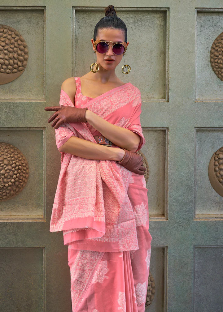 Rose Pink Woven Lucknowi Chikankari Silk Saree