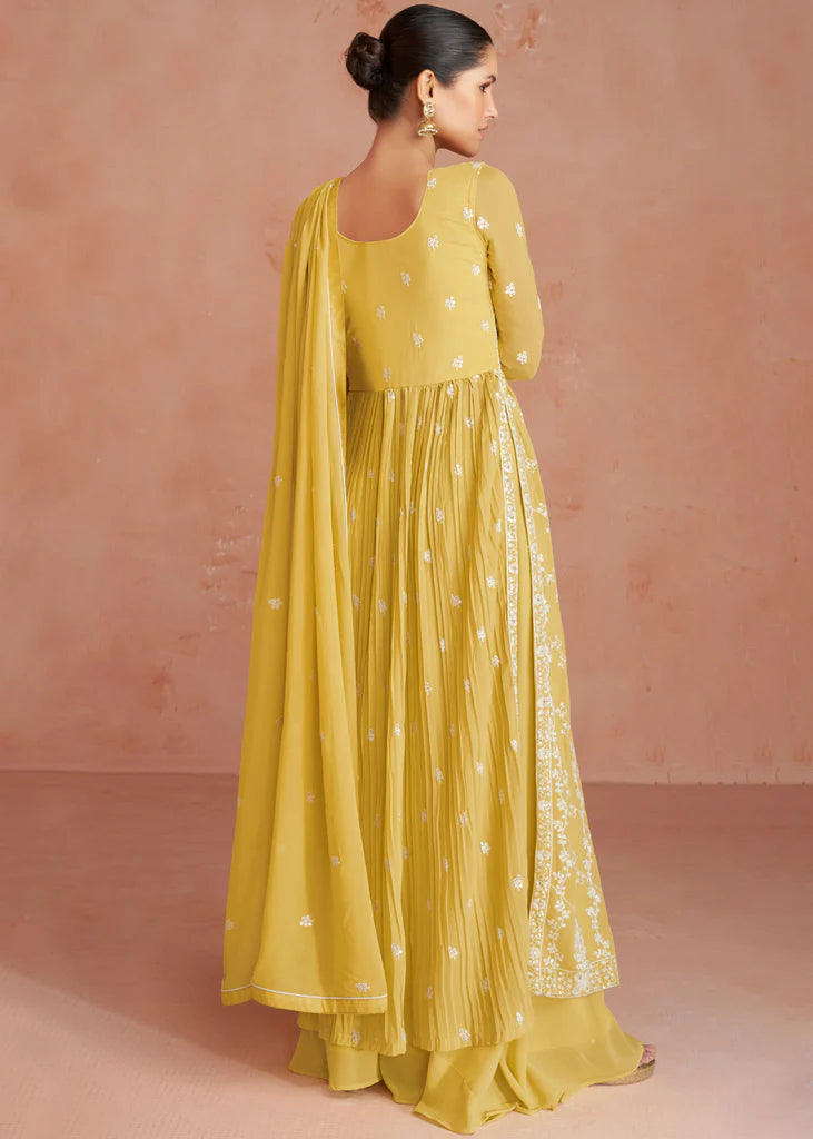 Lime Yellow  Designer Embroidery Georgette Dress