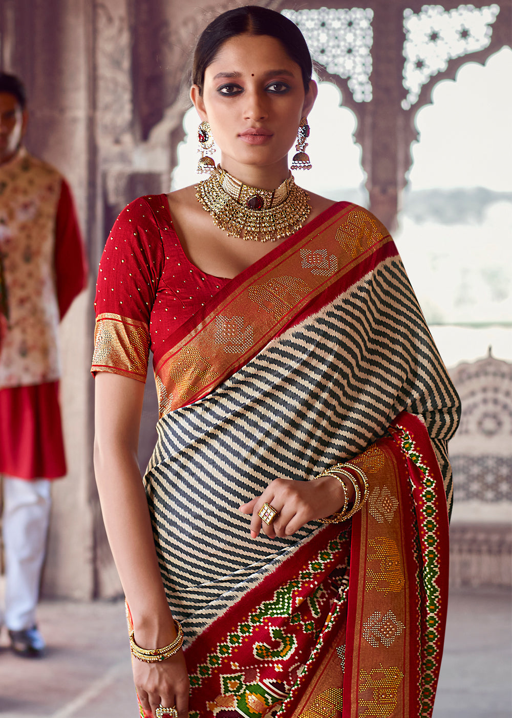 Stunning Red And Grey And Pink Designer Patola Saree