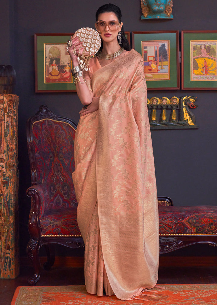 Peach Katan Handloom Weaving Silk Saree