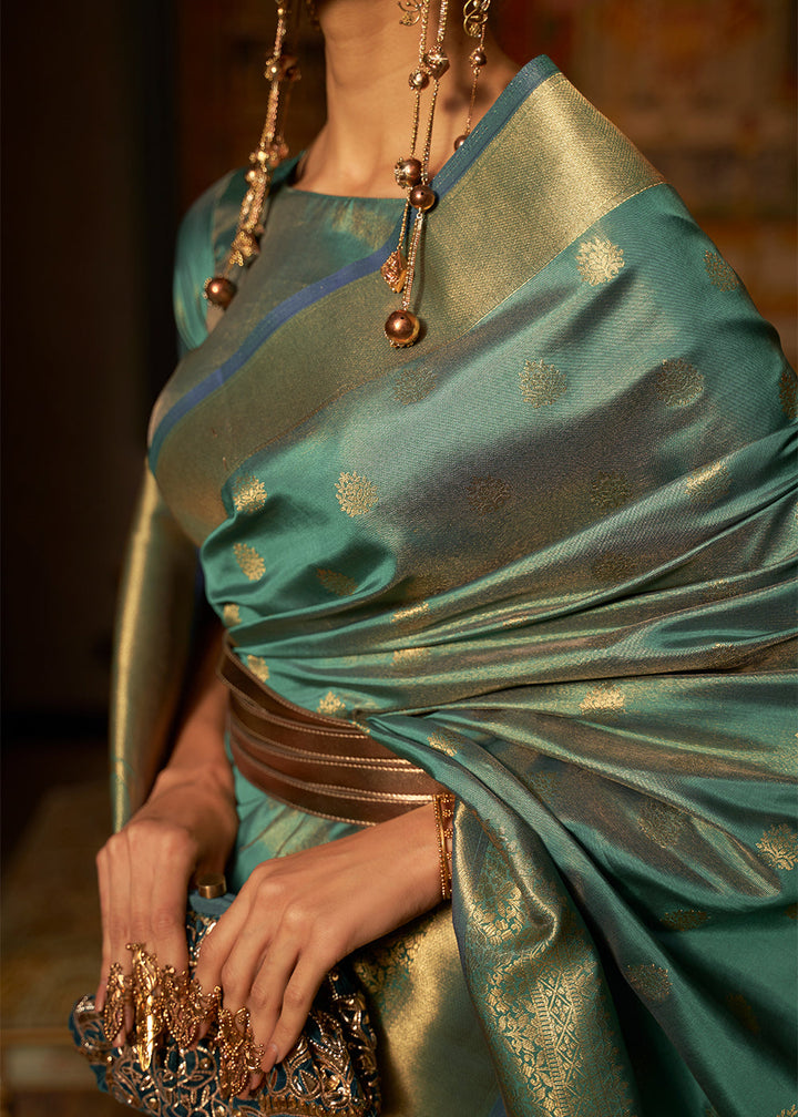 Teal Blue Handloom Woven Silk Saree