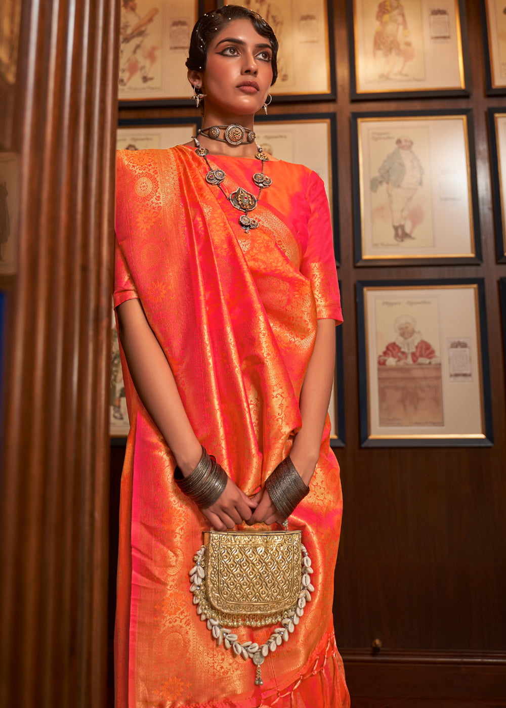 Hot Orange Woven Banarasi Silk Saree