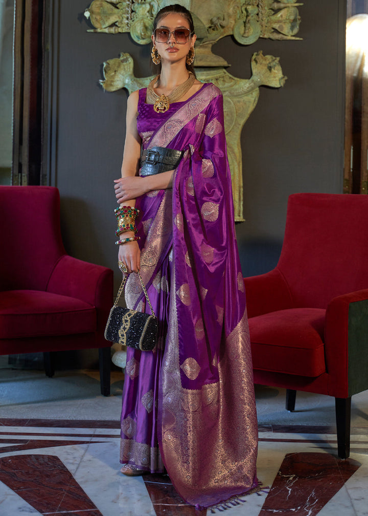 Purple Satin Handloom Weaving Silk Saree