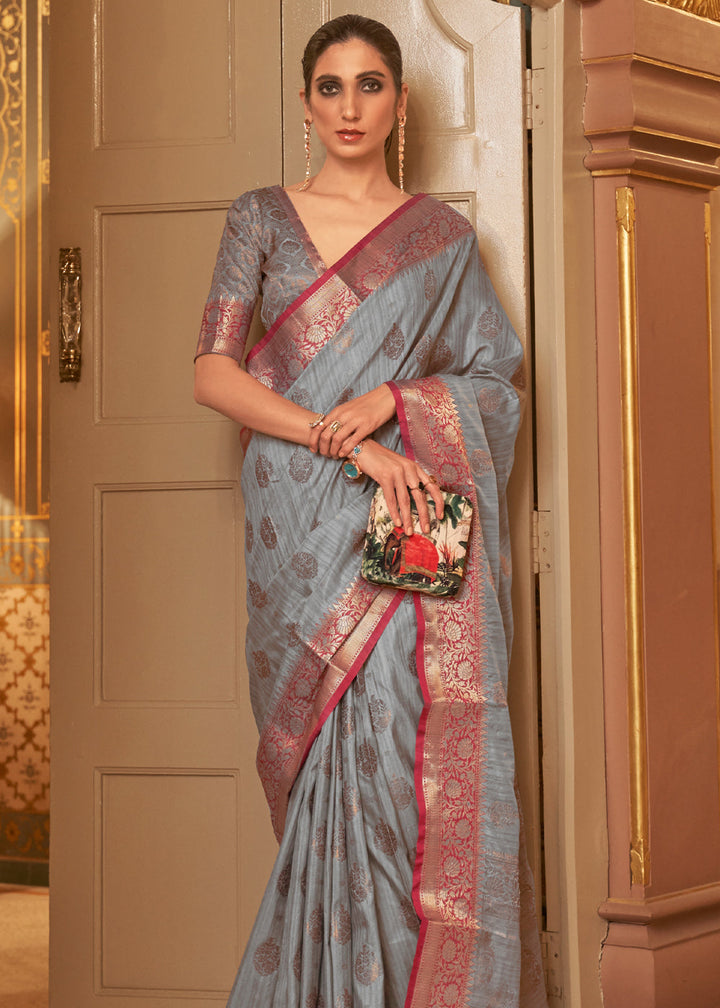 Classic Grey Woven Tussar Silk Saree