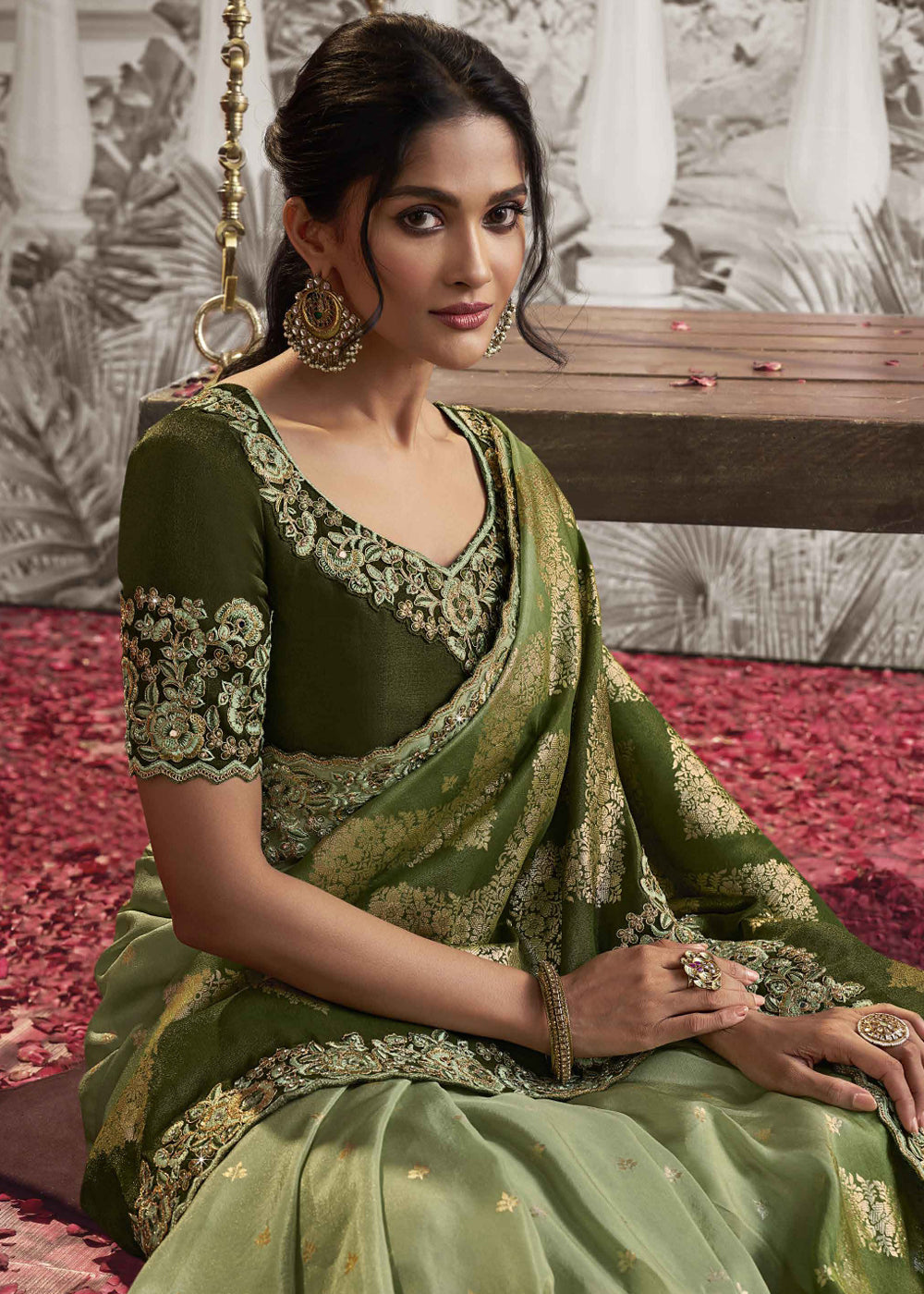 Olive Green Soft Woven Embroidery Designer silk Saree With Matching Floral work blouse