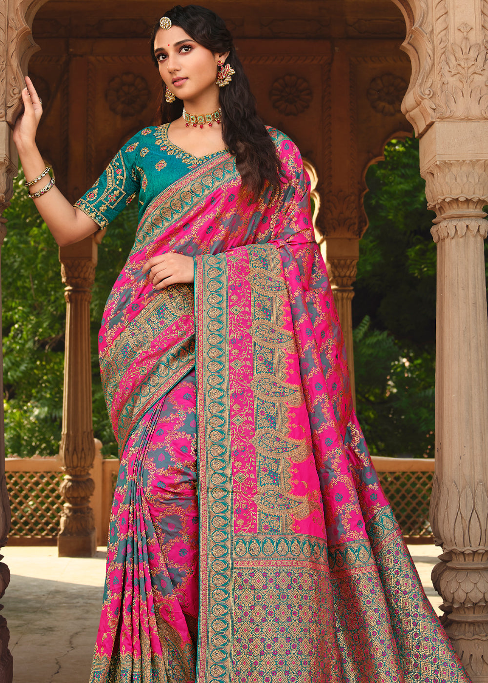 Pink And Blue Woven Banarasi Silk Saree With Embroidery Designer Blouse