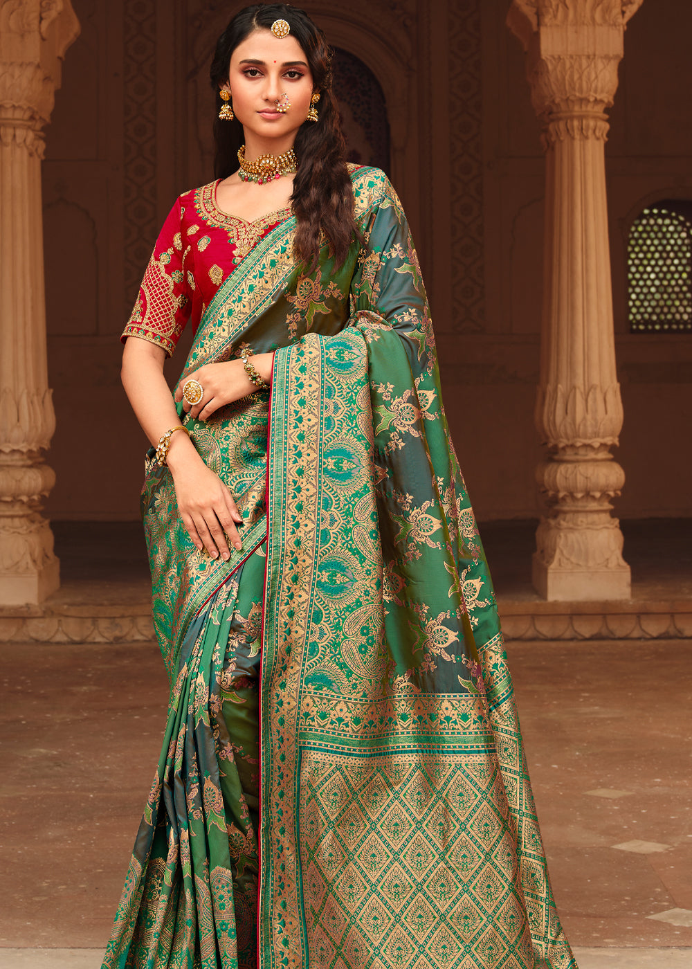 Jade Green Copper Zari Woven Silk Saree with Sequence work – Ethnos