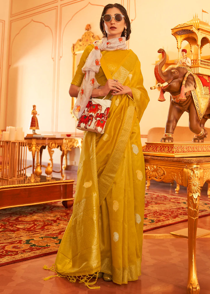 Mustard Yellow Tissue Zari Organza Silk Saree