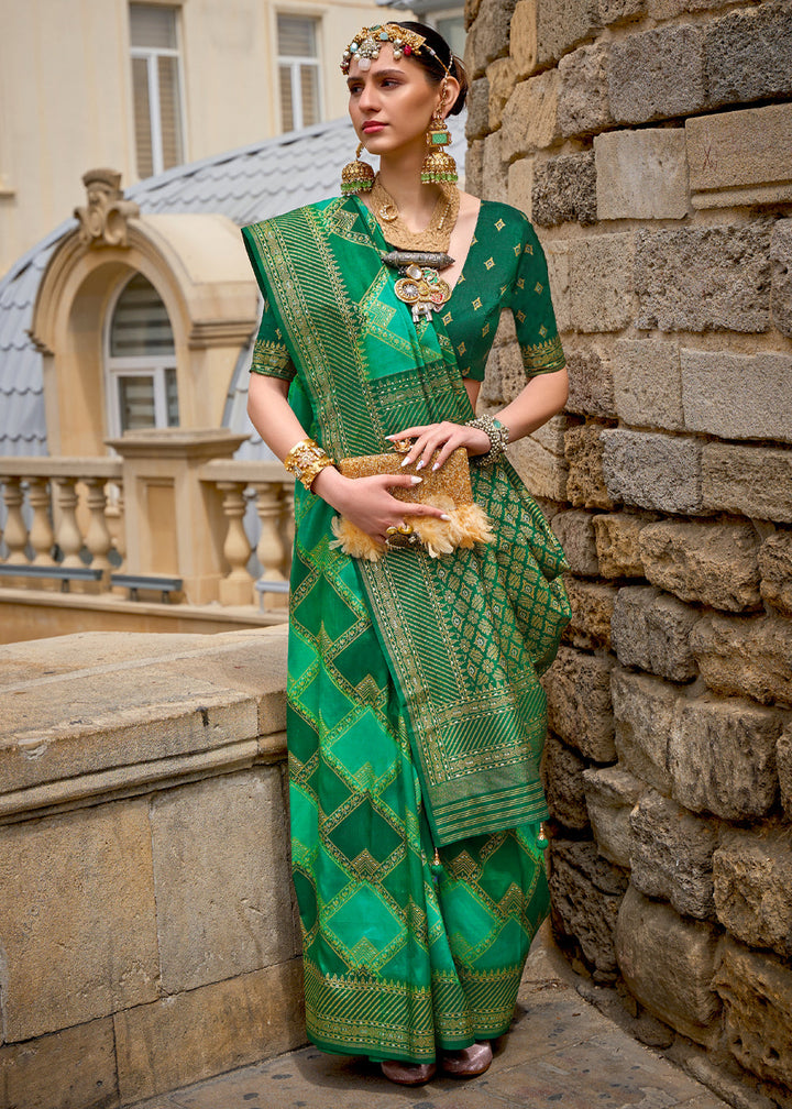 Princess Green Printed Patola Saree With Blouse