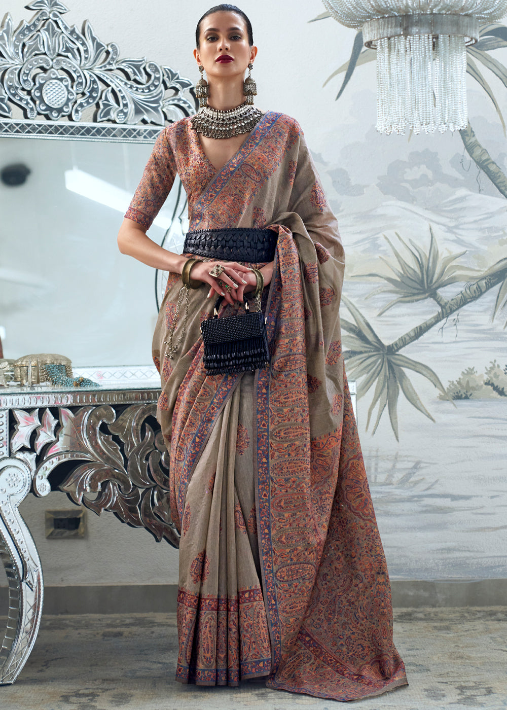 Chocolate Brown Woven Kashmiri Saree