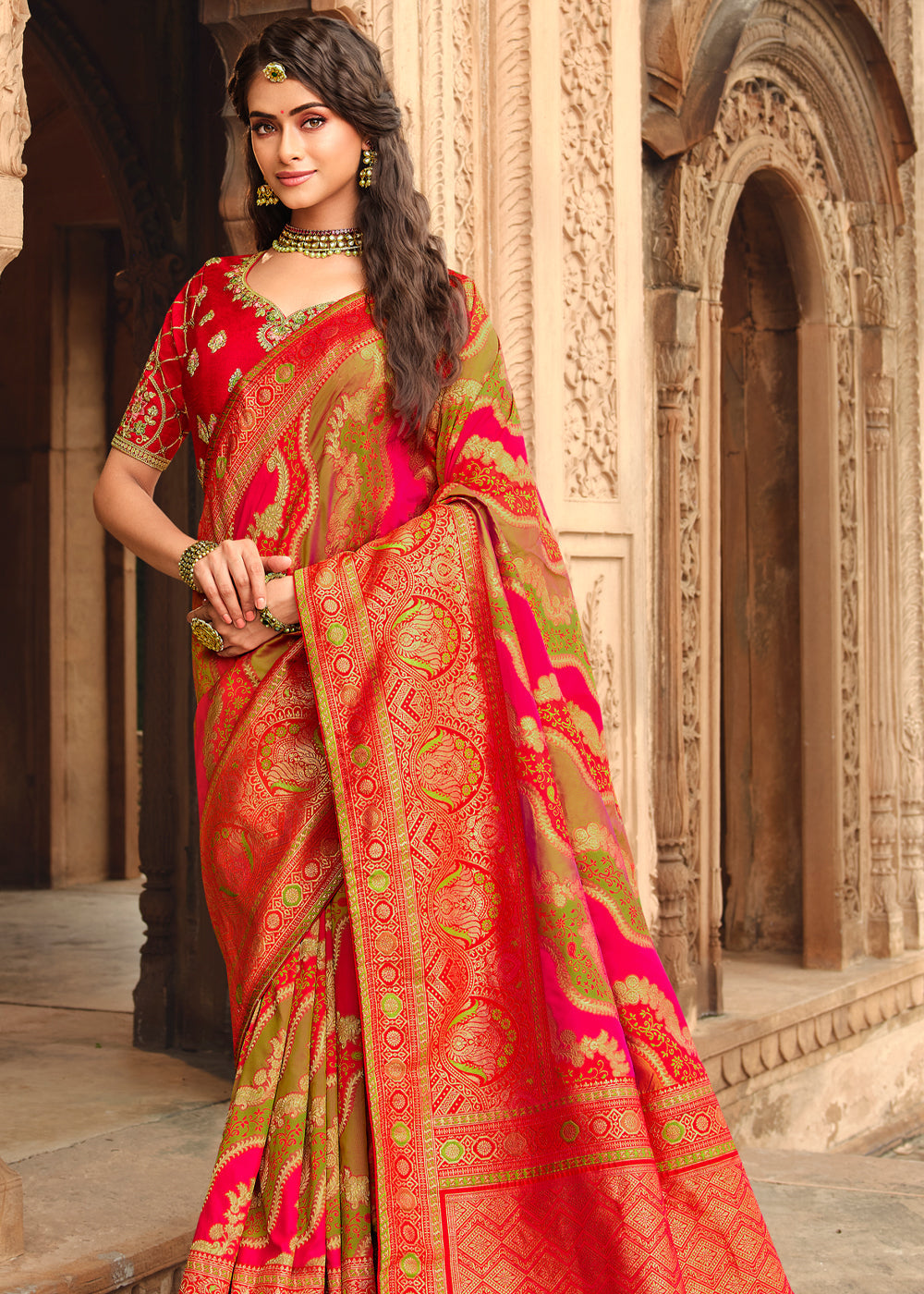 Red Woven Banarasi Silk Saree With Embroidery Designer Blouse