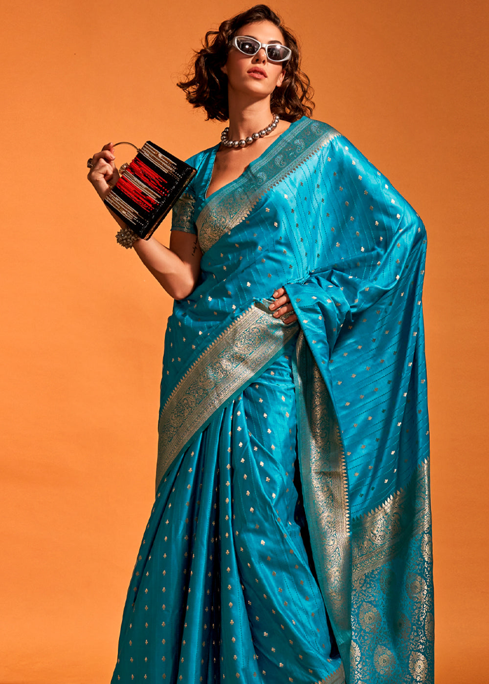 Beaming blue Banarasi Satin Weaving Silk Saree