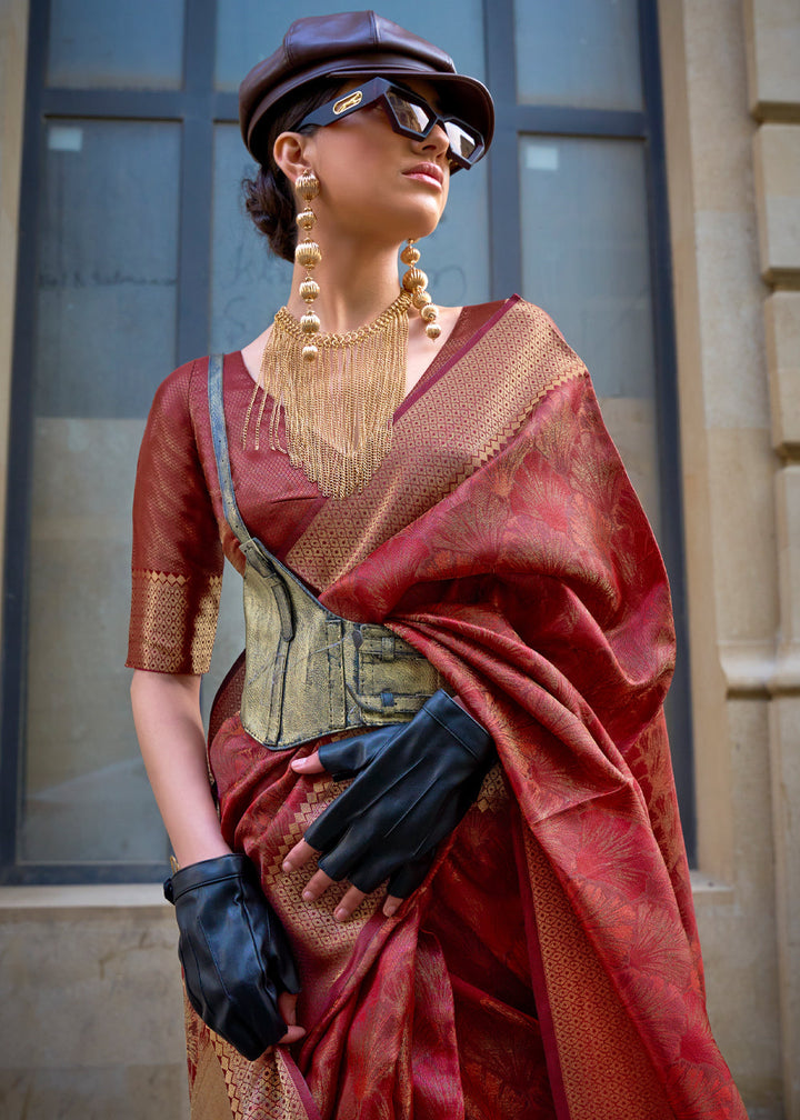 Maroon Red Dual Tone Handloom Woven Organza Silk Saree