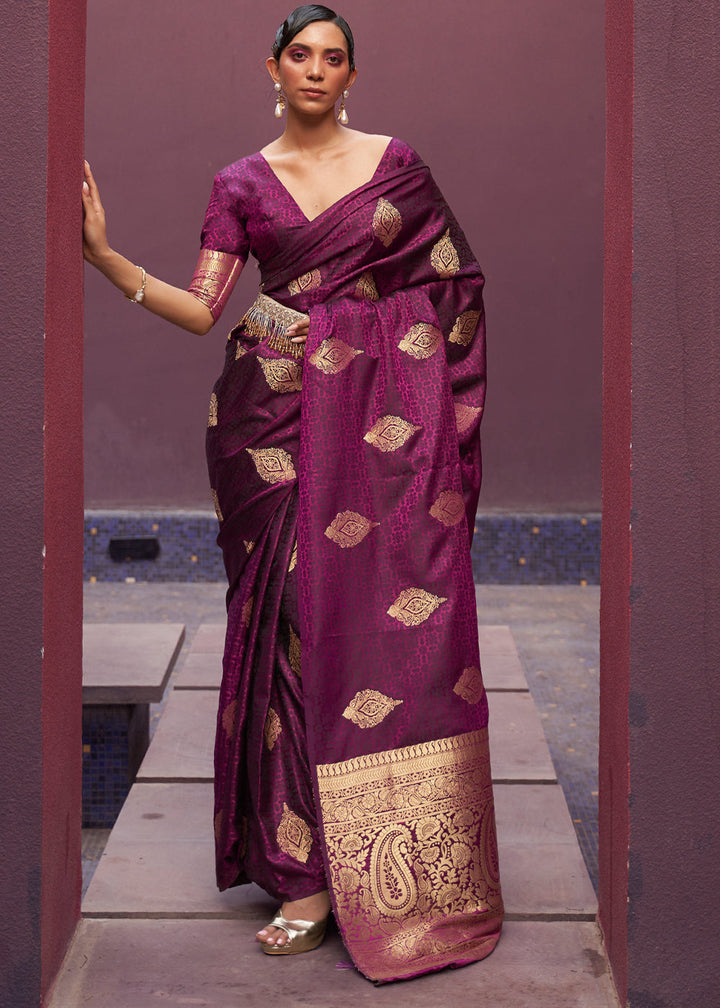 Wine Purple Woven Banarasi Satin Silk Saree