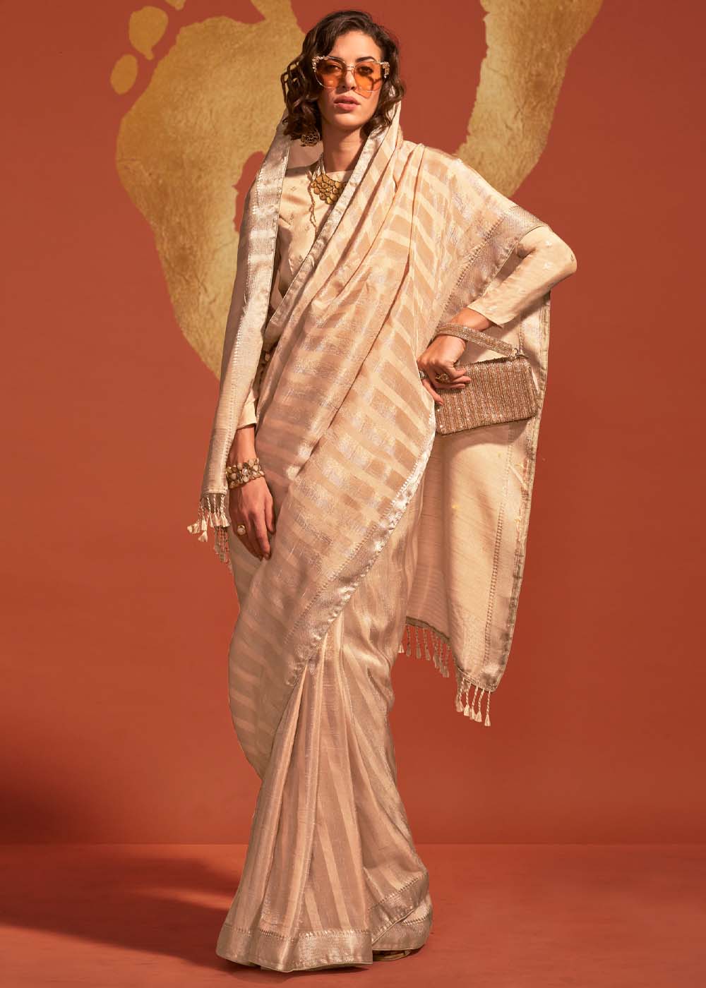 Cream Pure Viscose Handloom Weaving Silk Saree