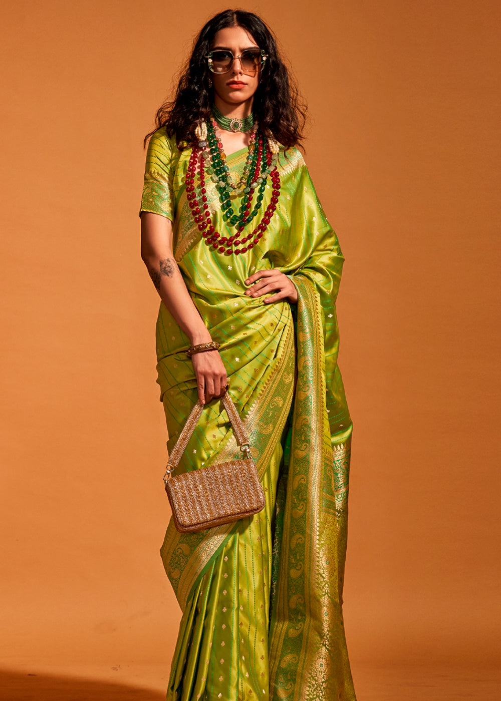 Lime green Banarasi Satin Weaving Silk Saree