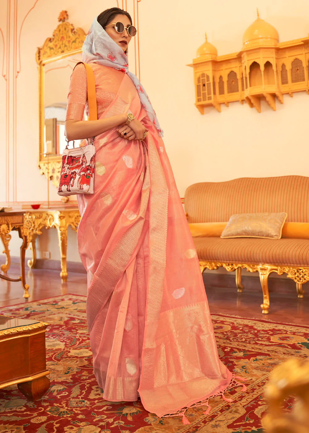 Pink Tissue Saree with Dollar Buti and Leaf Motifs