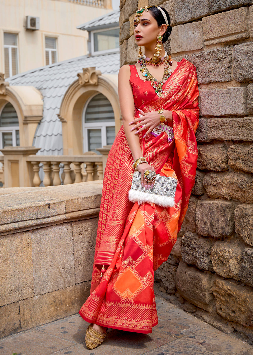 Festive Red Printed Patola Saree With Blouse