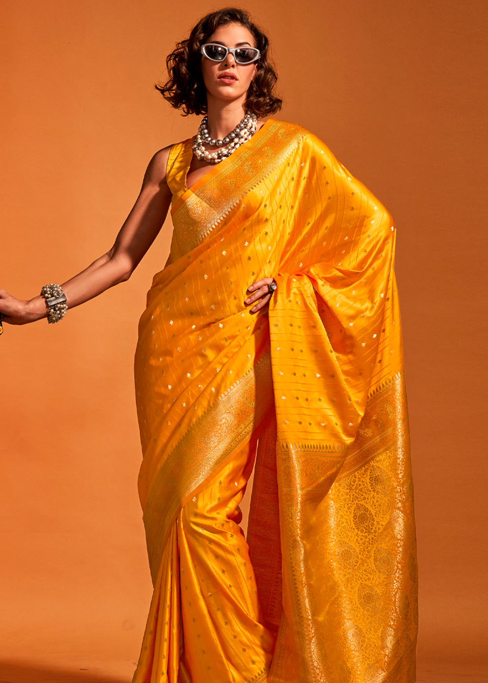 Blazing Yellow Banarasi Satin Weaving Silk Saree