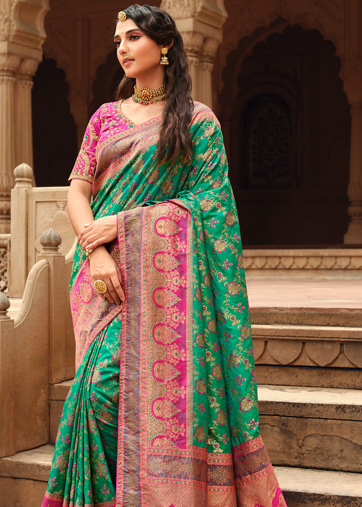 Green And Pink Woven Banarasi Silk Saree With Embroidery Designer Blouse