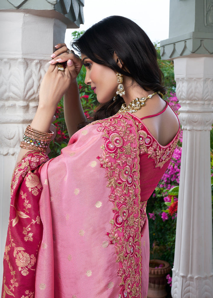 Rani Pink Heavy Embroidery Tissue Saree with Designer Blouse