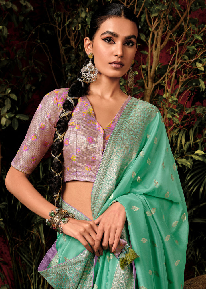 Aquamarine Green Woven Dola Silk Saree with Blouse