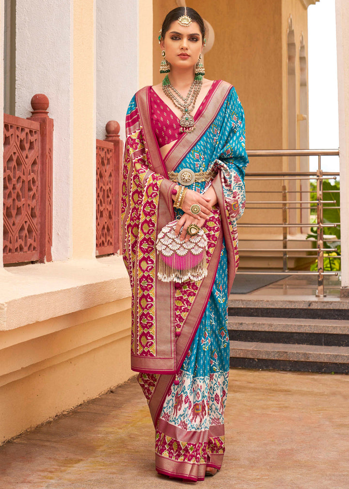 River Blue Printed Patola Saree With Contrast Blouse