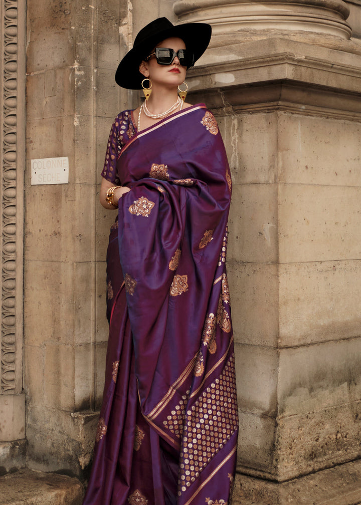 Purple Satin Handloom Weaving Silk Saree