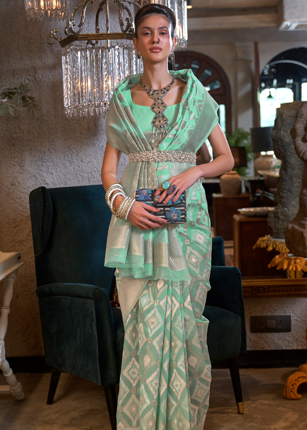 Sea Green Handloom Weaving Saree