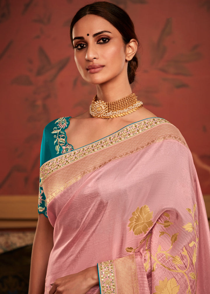 Rose Pink Designer Soft Pure Dola Silk Saree