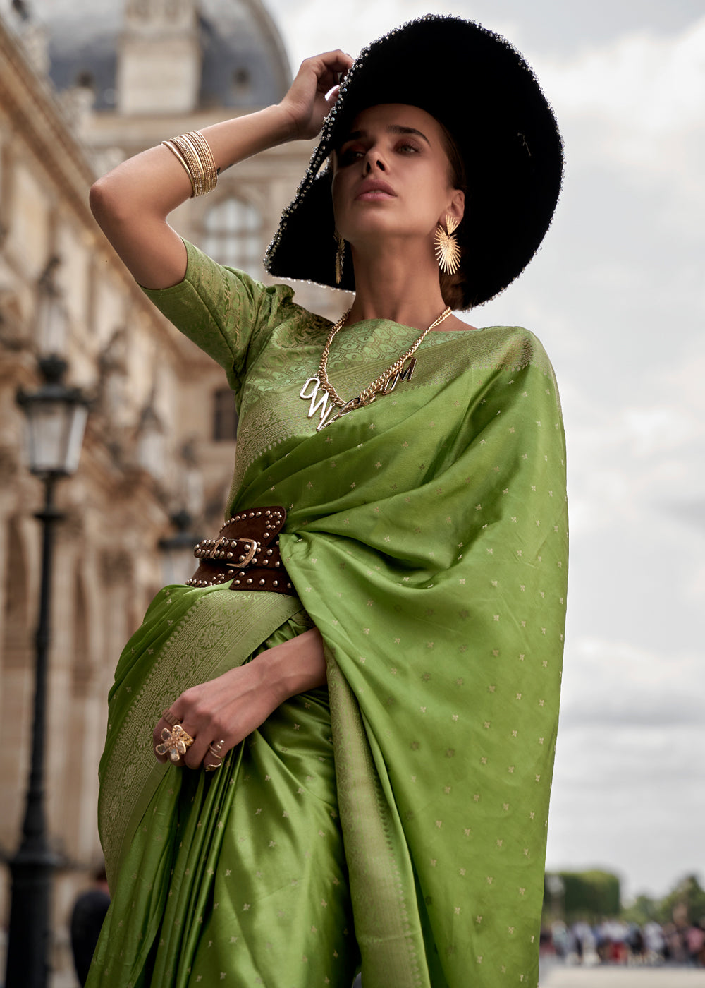 Green Woven Satin silk saree with brocade blouse