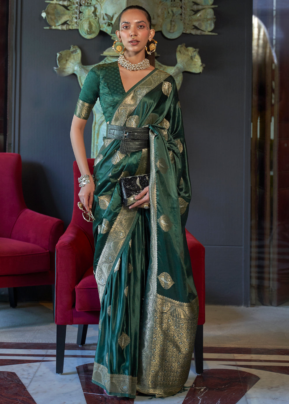 Green Satin Handloom Weaving Silk Saree