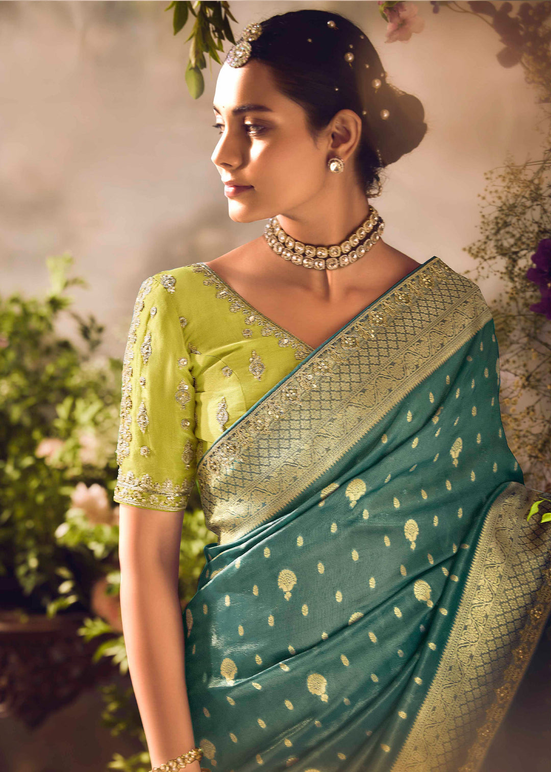 Navigate Green Premium Banarasi Tissue Silk Designers Saree