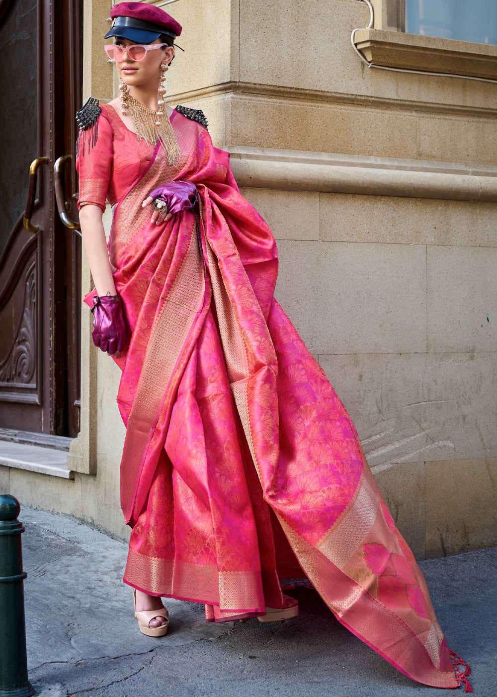 Magenta Pink Dual Tone Handloom Woven Organza Silk Saree