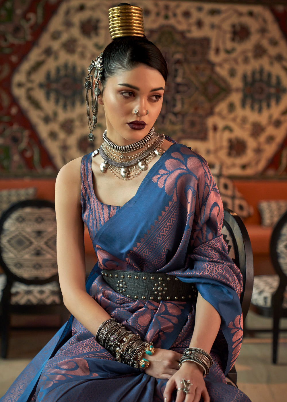 Silver Zari Jewellery With Blue Silk Saree Grayish-Blue With