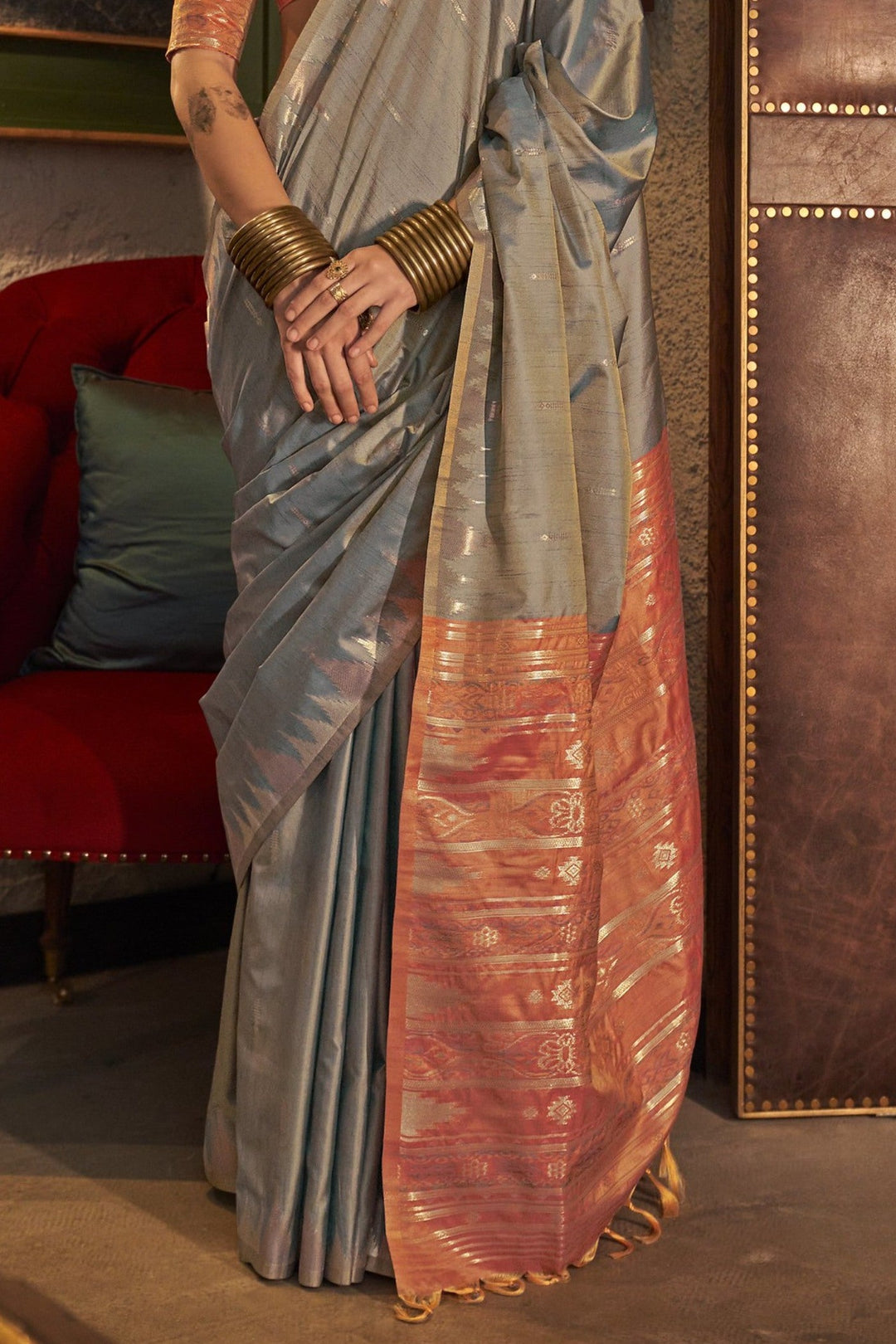 Light Grey Woven Tussar Silk Saree with contrast blouse