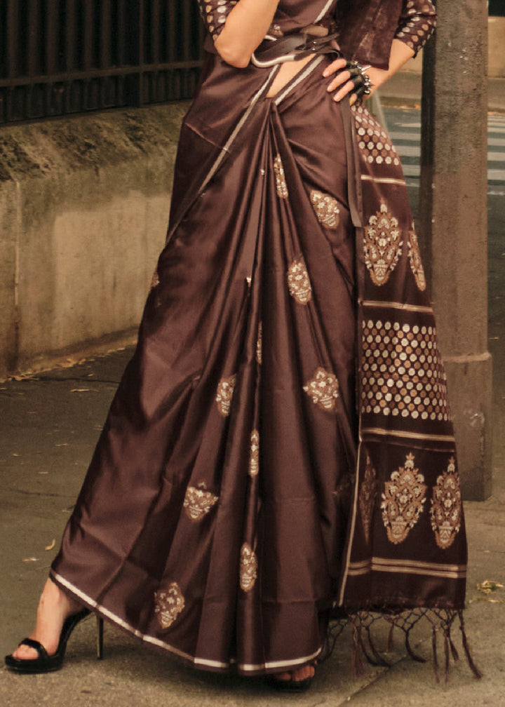 Choco Brown Satin Handloom Weaving Silk Saree